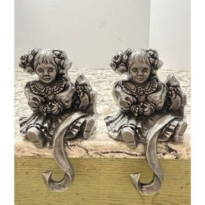 2 Carson Pewter Doll Christmas Stocking Hook Hangers Mantle Holiday Decor VTG